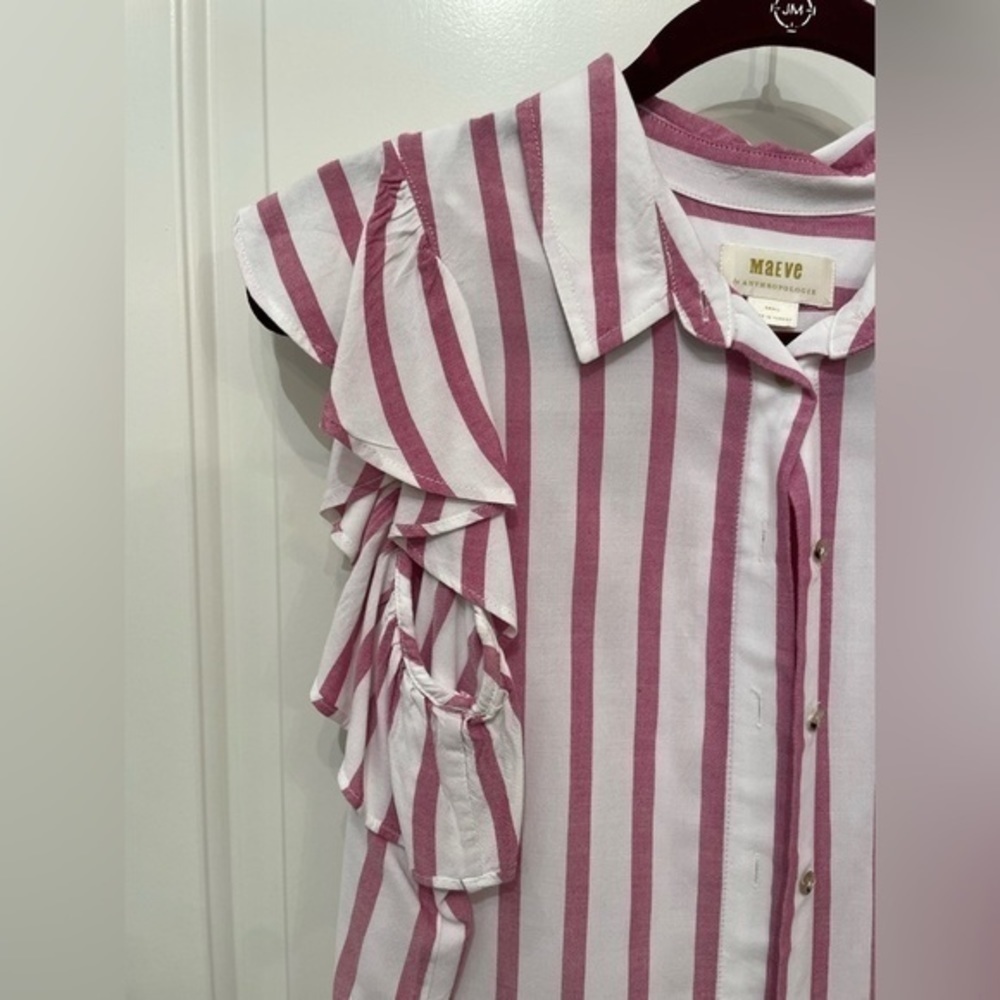 Anthropologie Maeve Fairhope Striped Button Down Flutter Blouse in Pink - Picture 13 of 14